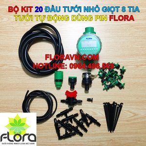 Bộ KIT FLORA 20 đầu tưới 8 tia tưới tự động dùng PIN (béc điều chỉnh được)