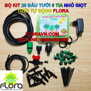 Bộ KIT FLORA 20 đầu tưới 8 tia tưới tự động dùng PIN (béc điều chỉnh được)